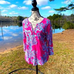 Lilly Pulitzer Size Medium, hot pink, blue and aqua Henley shirt